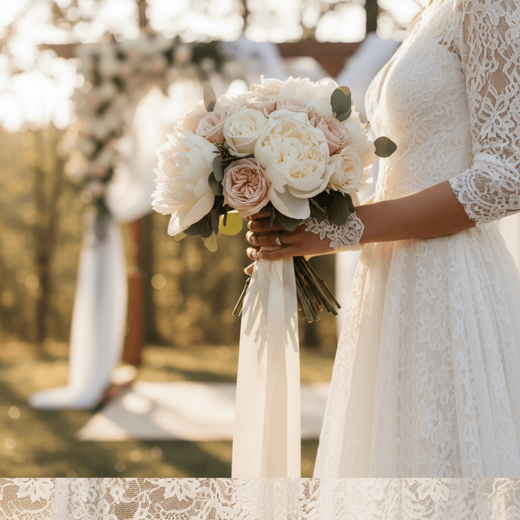 Bridal bouquet of white peonies and blush roses tied with silk ribbon