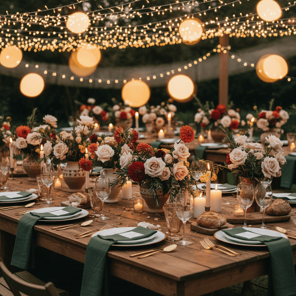 Long celebration table styled with garden roses and dahlias in ceramic vases