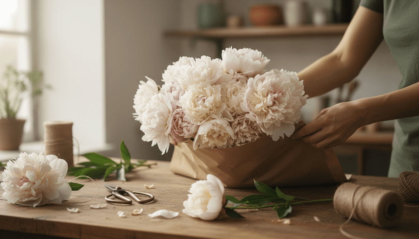 Florist wrapping a fresh bouquet of peonies at a wooden worktable in soft natural light