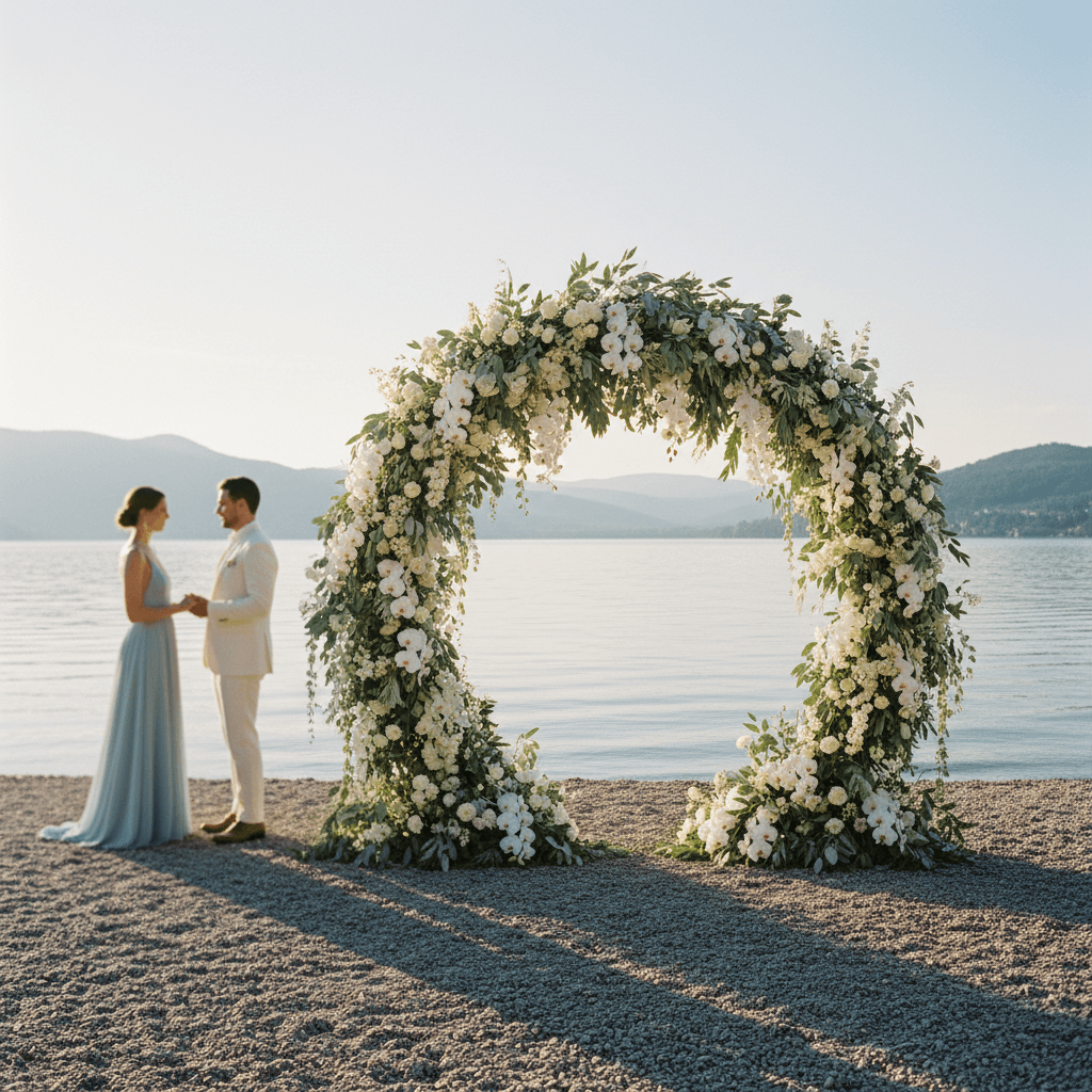 Freestanding floral arch with white orchids and trailing jasmine