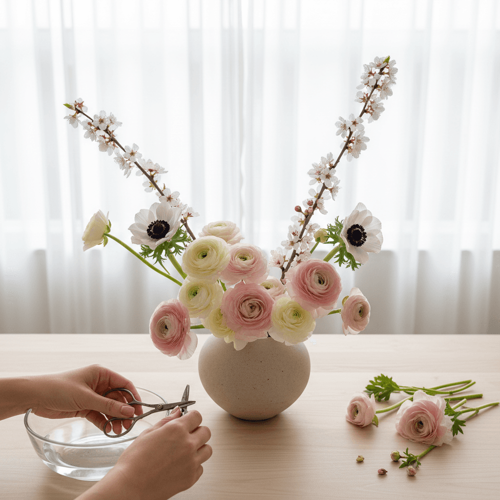 Florist's hands arranging ranunculus and cherry blossoms in a ceramic vase