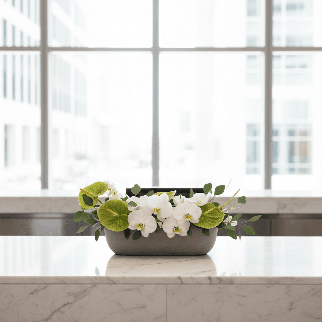 Modern white orchid and eucalyptus arrangement on a marble reception desk