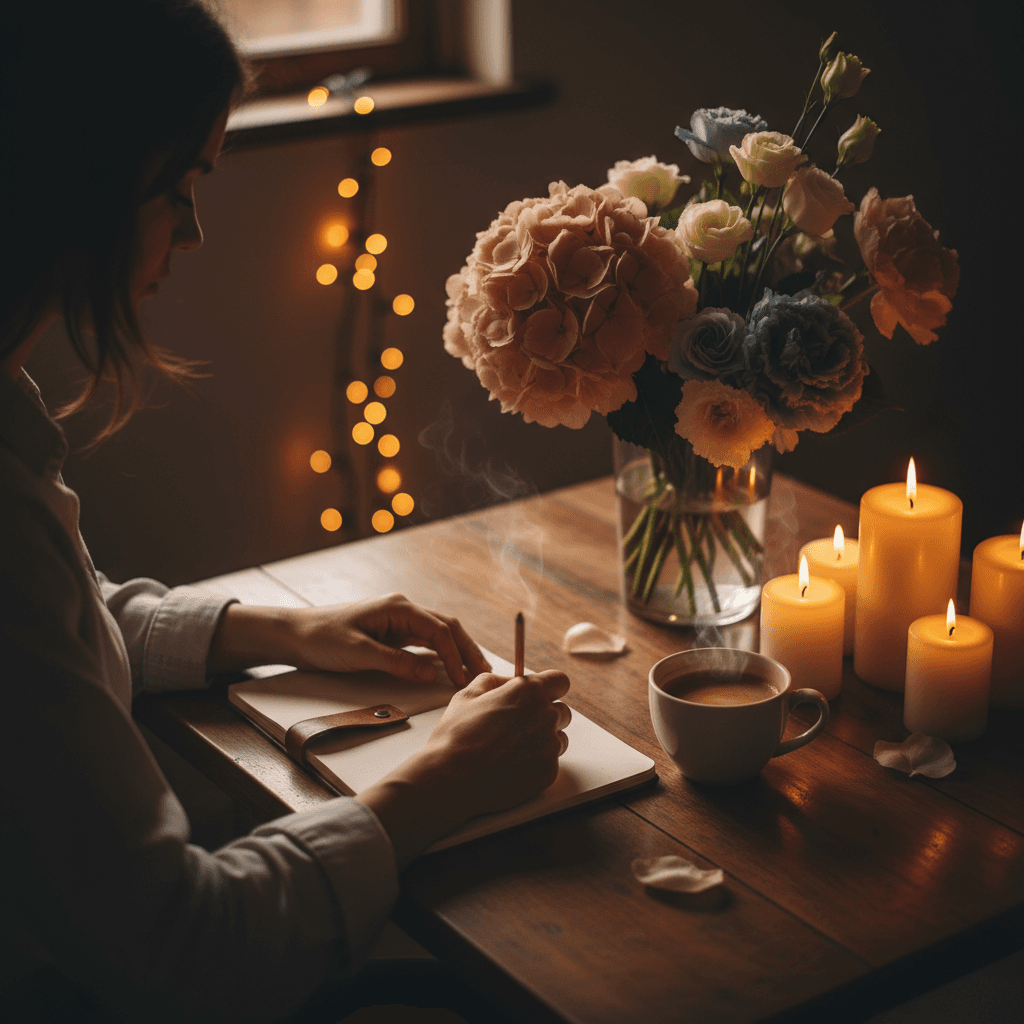 Florist sketching a design beside a vase of hydrangeas on a cafe table