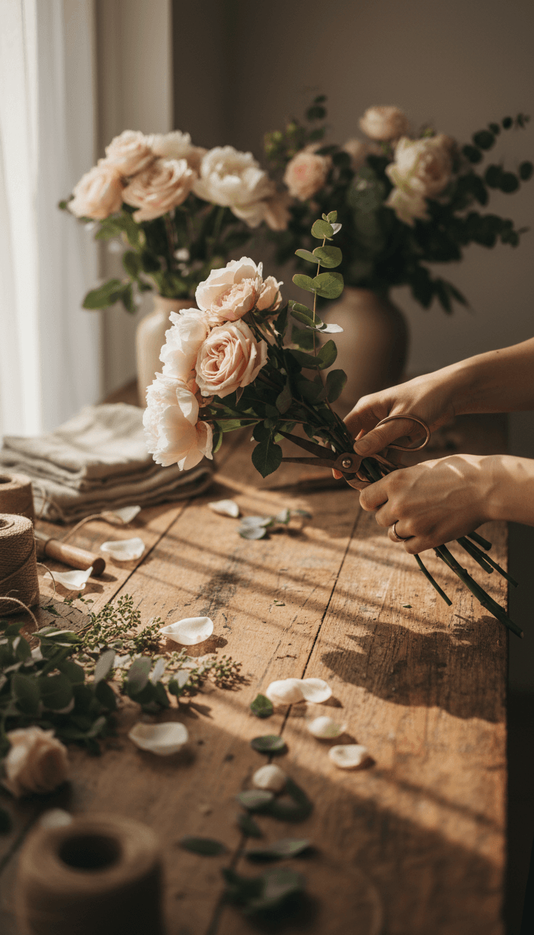 Hands trimming fresh flower stems at a wooden workbench