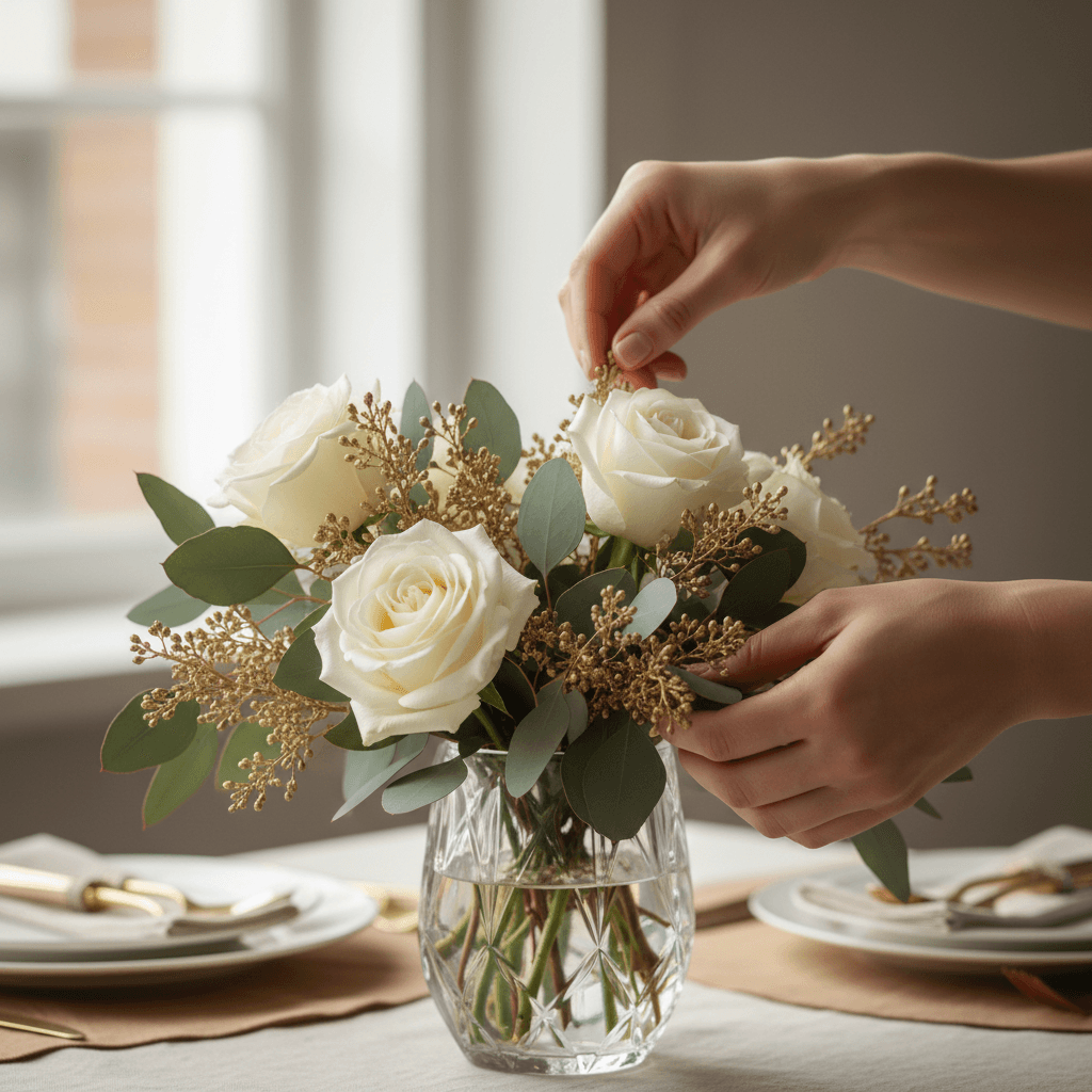 Florist adjusting a seasonal table centerpiece at an event venue