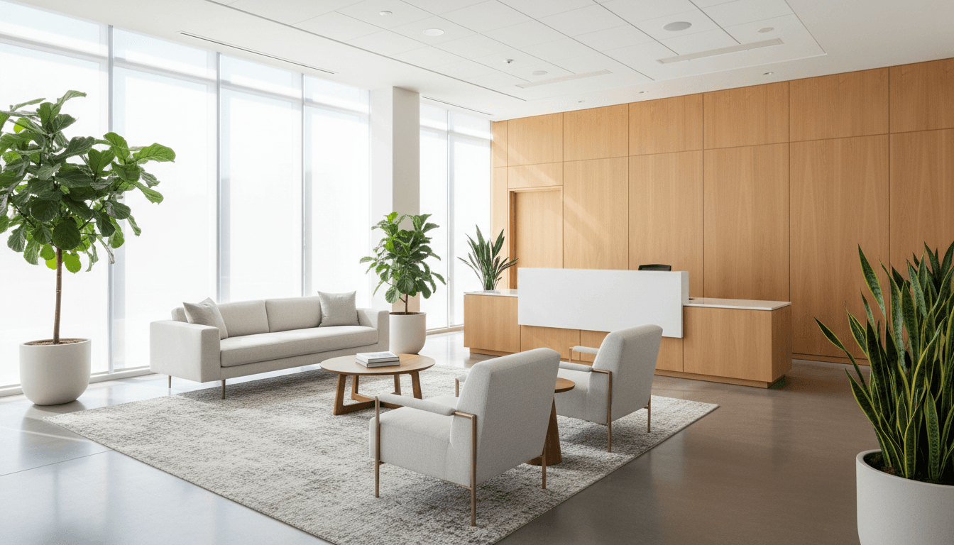 Structured corporate floral arrangement on a modern office reception desk