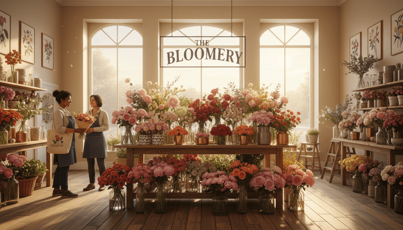 Fresh cut flowers arranged on a workbench inside a cozy Toronto flower shop