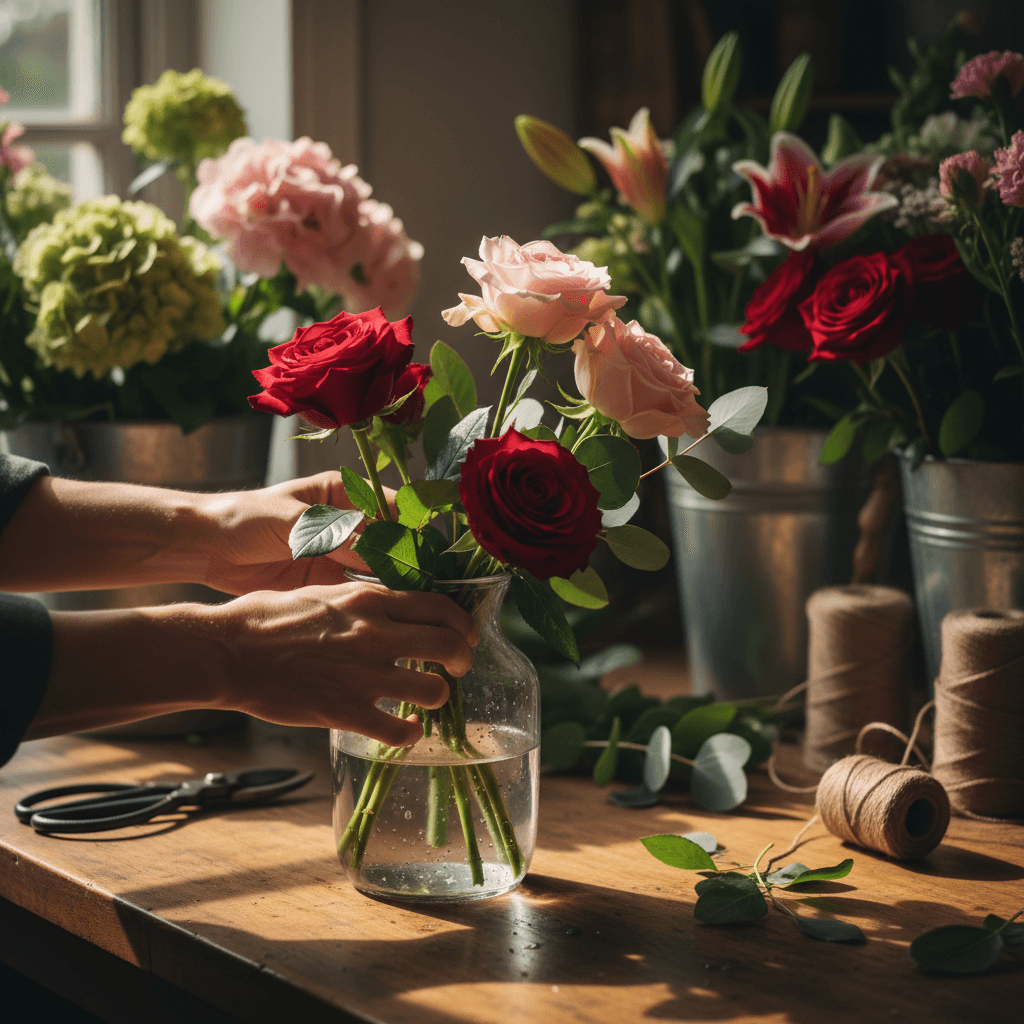Florist arranging a fresh seasonal bouquet on a wooden workbench