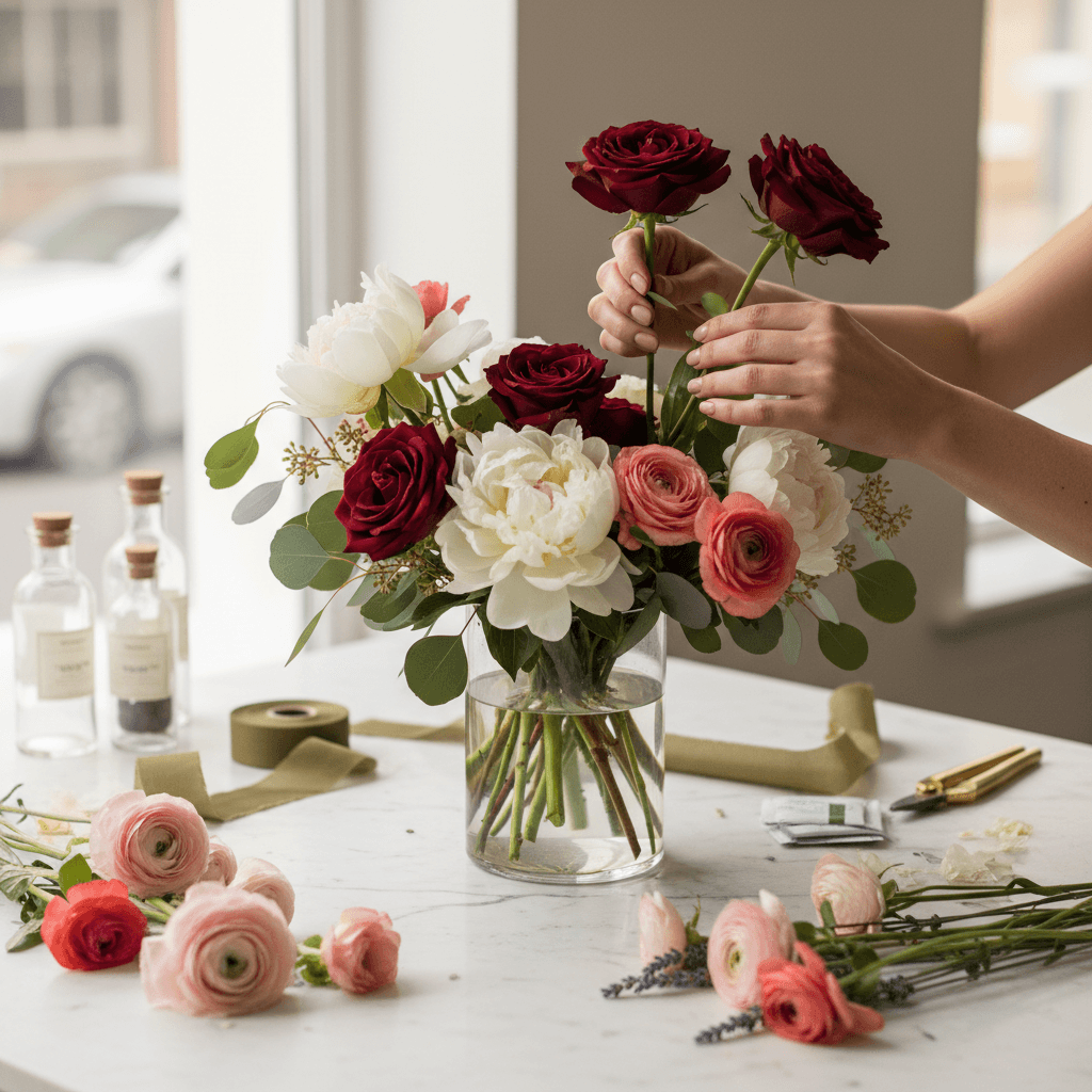 Fresh seasonal bouquet on a florist's workbench with scattered stems in a sunlit studio