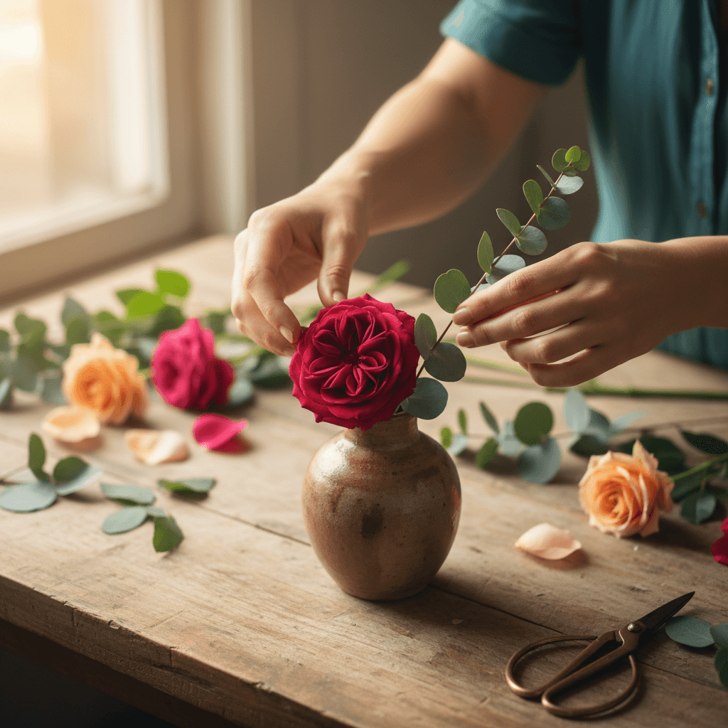 Florist's hands trimming fresh stems at a wooden worktable