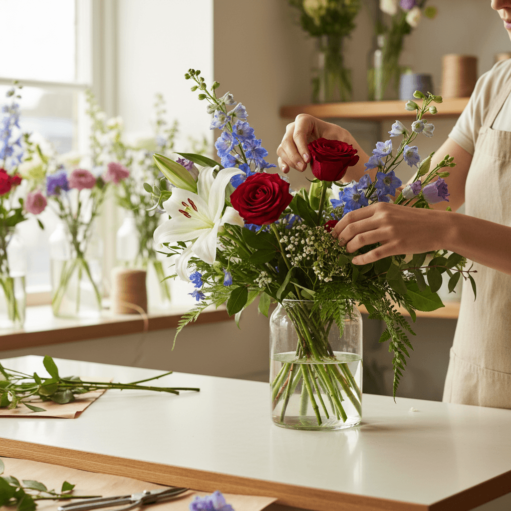 Florist wrapping a bouquet in the studio