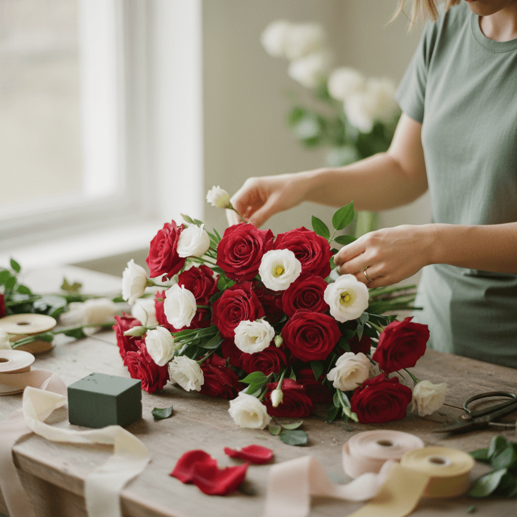 Fresh-cut seasonal flowers arranged on a wooden worktable in a Toronto florist studio